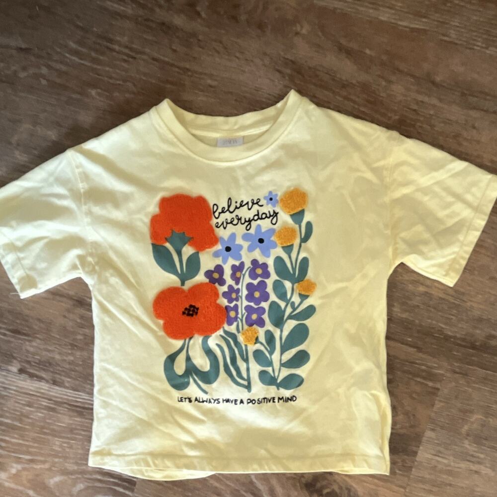 ZARA Girls Yellow Graphic Floral Crew Neck Short Sleeve T-Shirt Size 8-9